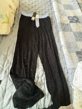 Lioness Black Lace Pants with Blue & White Striped Waistband